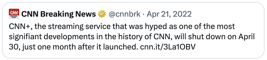 CNN+, the streaming service that was hyped as one of the most signifiant developments in the history of CNN, will shut down on April 30, just one month after it launched.