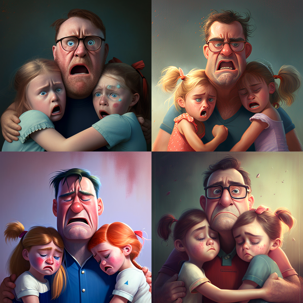 Midjourney: “dad with two annoying daughters, who are crying because they just got in trouble, pixar style”